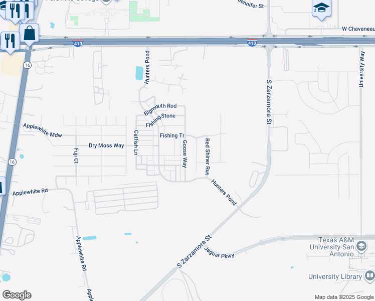 map of restaurants, bars, coffee shops, grocery stores, and more near 10534 Goose Way in San Antonio