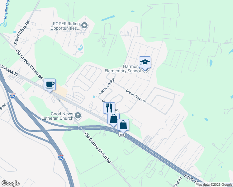 map of restaurants, bars, coffee shops, grocery stores, and more near 10622 Terrace Crest in San Antonio