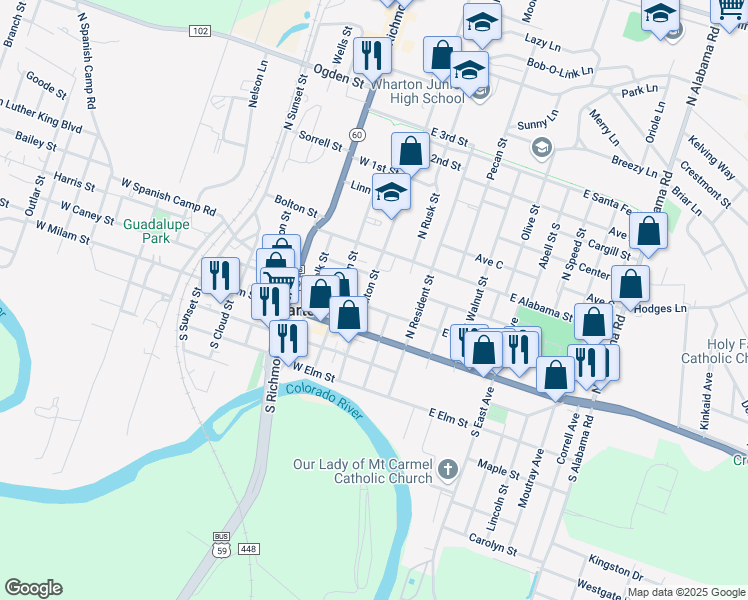 map of restaurants, bars, coffee shops, grocery stores, and more near 117 East Caney Street in Wharton