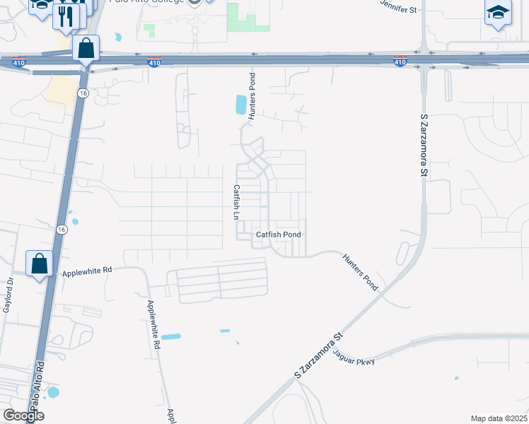 map of restaurants, bars, coffee shops, grocery stores, and more near 10511 Hunters Pond in San Antonio