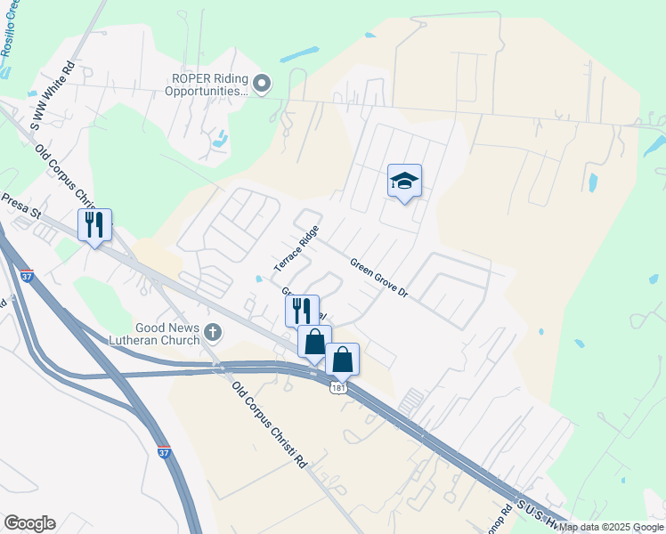 map of restaurants, bars, coffee shops, grocery stores, and more near 5207 Terrace Wind in San Antonio
