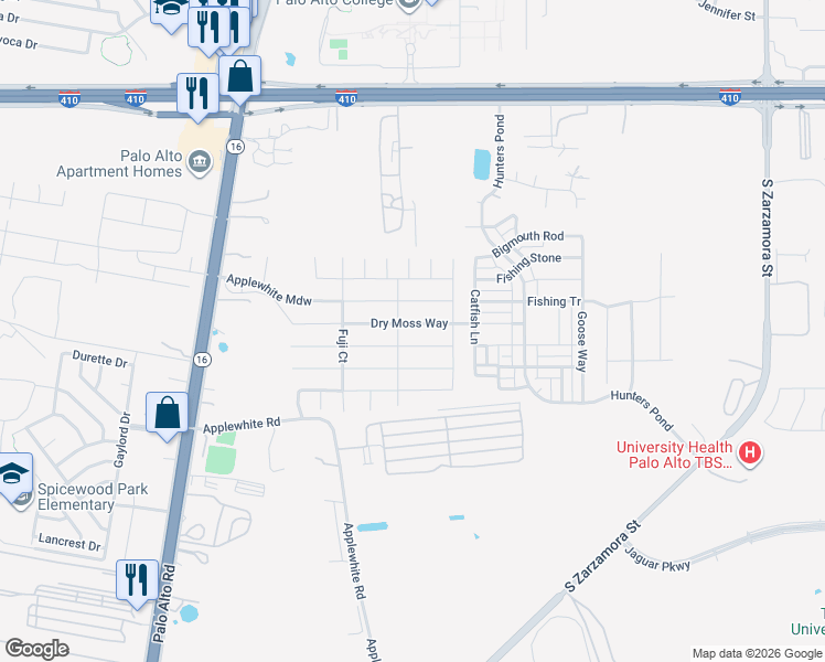 map of restaurants, bars, coffee shops, grocery stores, and more near 10530 State Highway 16 South in San Antonio