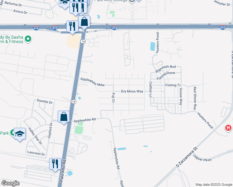 map of restaurants, bars, coffee shops, grocery stores, and more near 10642 State Highway 16 South in San Antonio