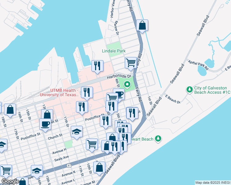 map of restaurants, bars, coffee shops, grocery stores, and more near 301 University Boulevard in Galveston