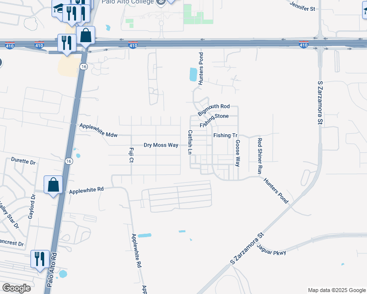 map of restaurants, bars, coffee shops, grocery stores, and more near 10523 Catfish Lane in San Antonio