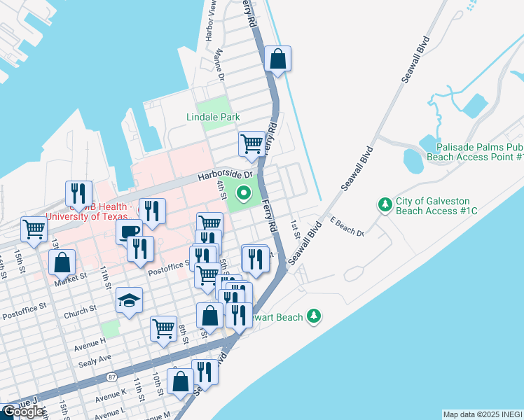 map of restaurants, bars, coffee shops, grocery stores, and more near 215 Market Street in Galveston