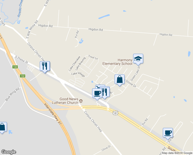 map of restaurants, bars, coffee shops, grocery stores, and more near 4902 Green Coral in San Antonio