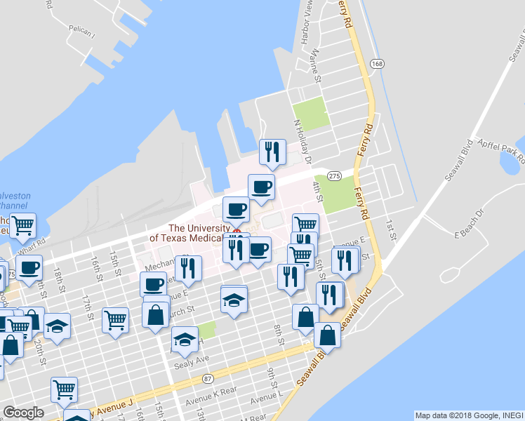 map of restaurants, bars, coffee shops, grocery stores, and more near 601 University Boulevard in Galveston