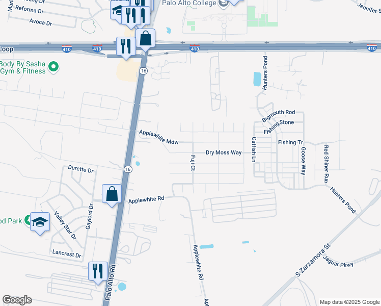map of restaurants, bars, coffee shops, grocery stores, and more near 10530 Highway 16 in San Antonio