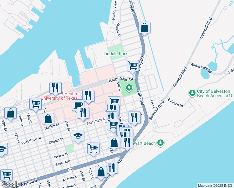map of restaurants, bars, coffee shops, grocery stores, and more near 301 University Boulevard in Galveston