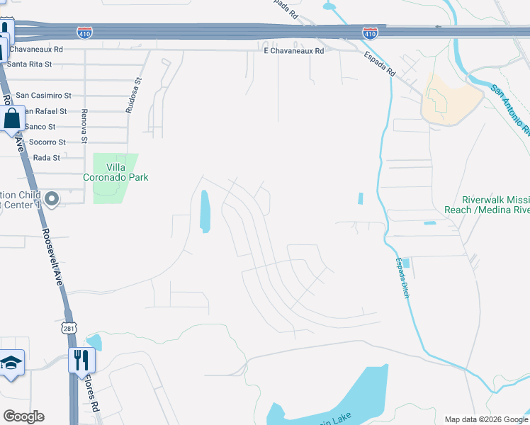 map of restaurants, bars, coffee shops, grocery stores, and more near 10640 Aqueduct Creek in San Antonio