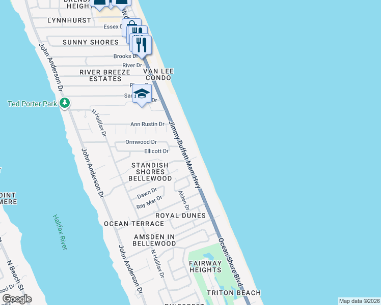 map of restaurants, bars, coffee shops, grocery stores, and more near 855 Ocean Shore Boulevard in Ormond Beach