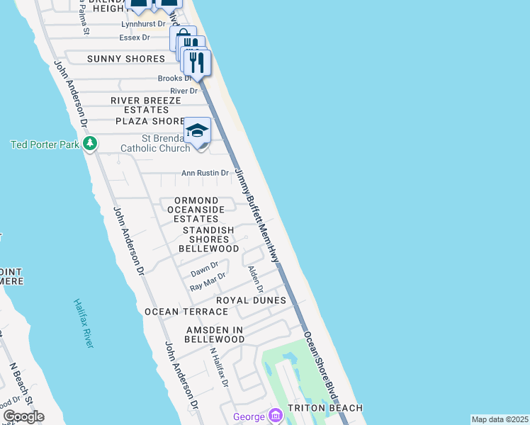 map of restaurants, bars, coffee shops, grocery stores, and more near 855 Ocean Shore Boulevard in Ormond Beach