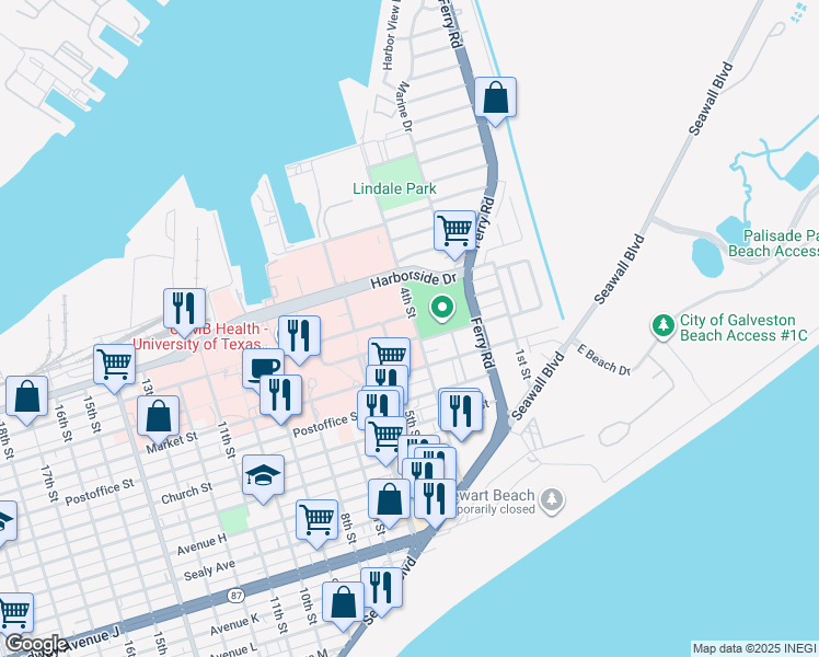 map of restaurants, bars, coffee shops, grocery stores, and more near 418 Strand Street in Galveston