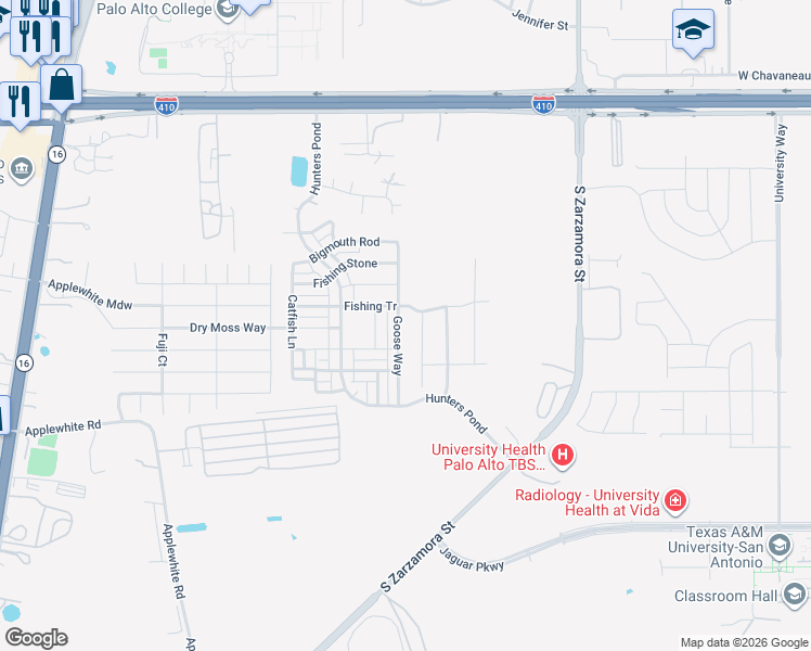 map of restaurants, bars, coffee shops, grocery stores, and more near 10518 Goose Way in San Antonio