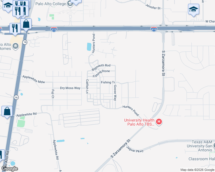 map of restaurants, bars, coffee shops, grocery stores, and more near 10250 Hunters Pond in San Antonio