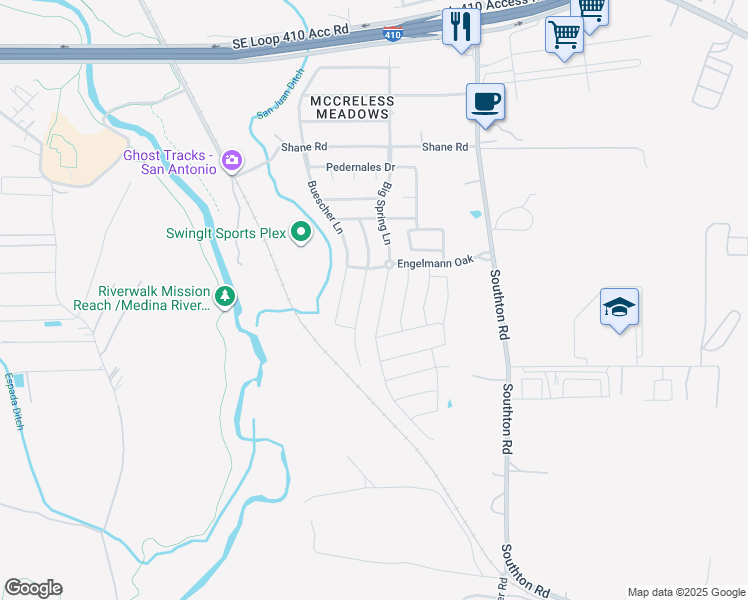 map of restaurants, bars, coffee shops, grocery stores, and more near 10339 Big Spring Lane in San Antonio