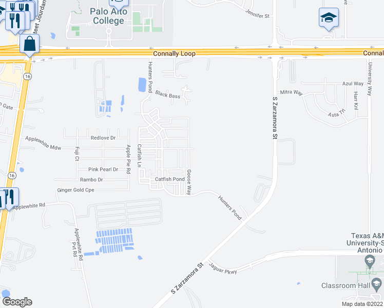 map of restaurants, bars, coffee shops, grocery stores, and more near 10510 Goose Way in San Antonio