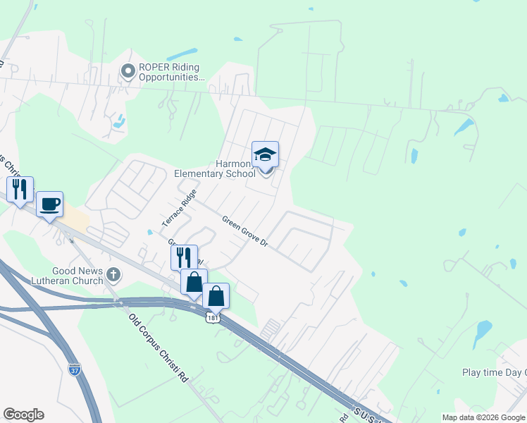 map of restaurants, bars, coffee shops, grocery stores, and more near 10723 Green Lake Street in San Antonio