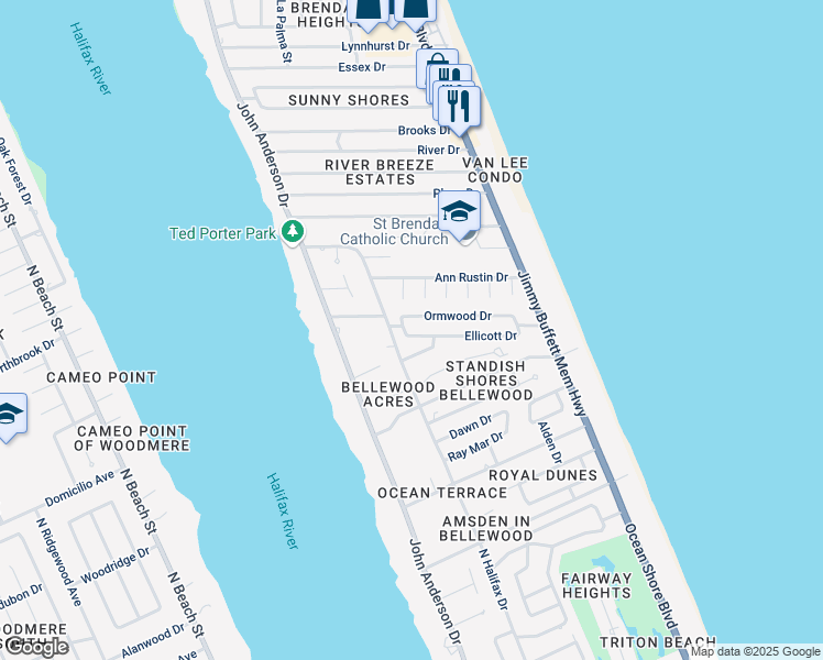 map of restaurants, bars, coffee shops, grocery stores, and more near 103 Ellicott Drive in Ormond Beach