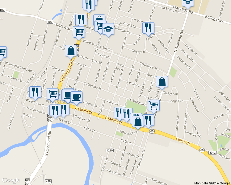 map of restaurants, bars, coffee shops, grocery stores, and more near 421 North Walnut Street in Wharton