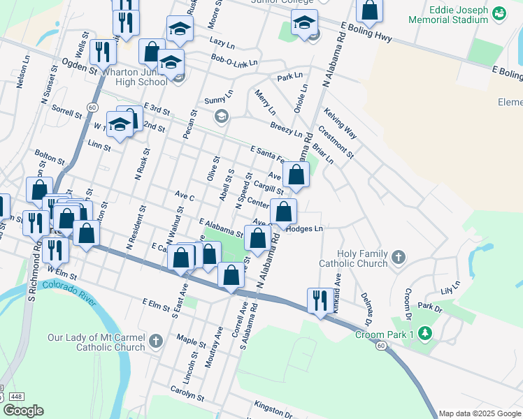 map of restaurants, bars, coffee shops, grocery stores, and more near 519 Koehl Street in Wharton