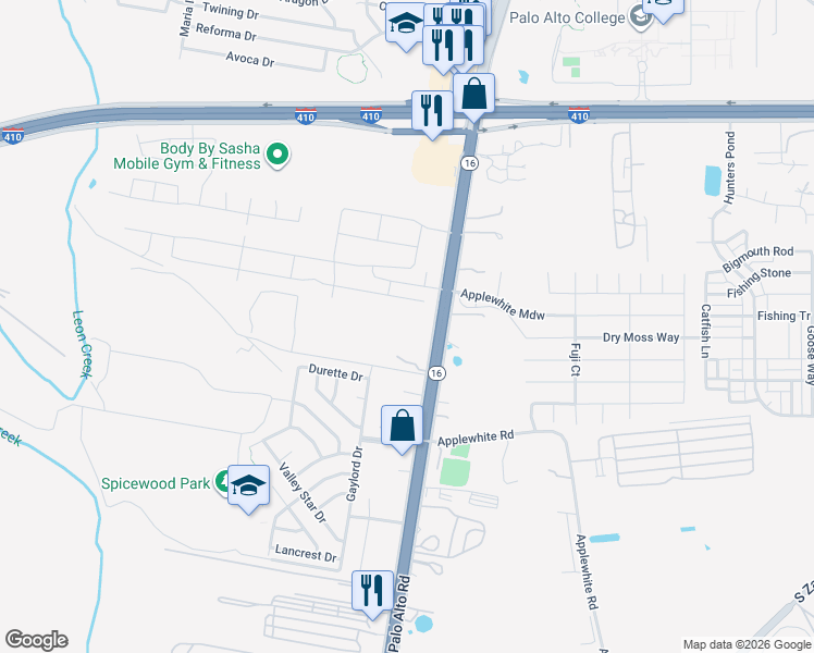 map of restaurants, bars, coffee shops, grocery stores, and more near 10519 Highway 16 in San Antonio