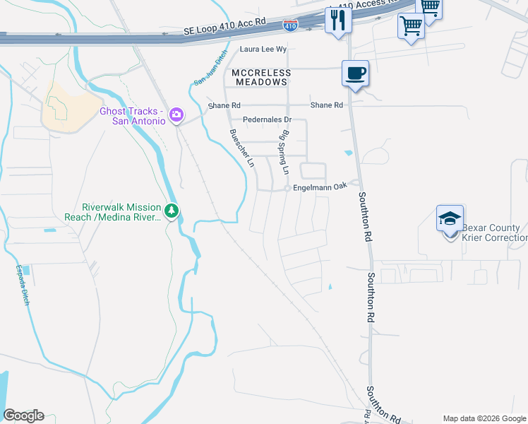 map of restaurants, bars, coffee shops, grocery stores, and more near 10339 Big Spring Lane in San Antonio