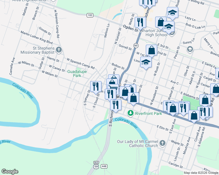 map of restaurants, bars, coffee shops, grocery stores, and more near 414 West Caney Street in Wharton