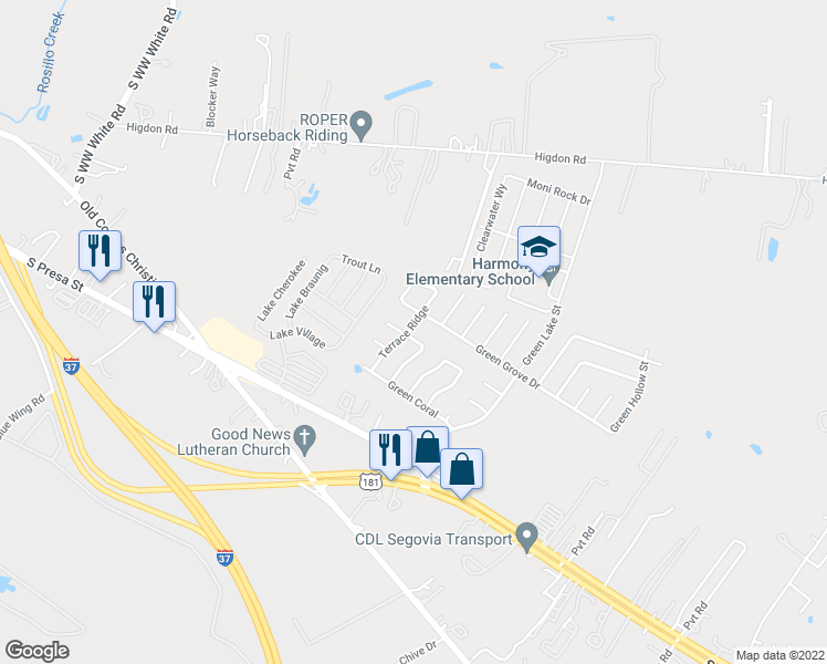 map of restaurants, bars, coffee shops, grocery stores, and more near 5103 Terrace Wood in San Antonio