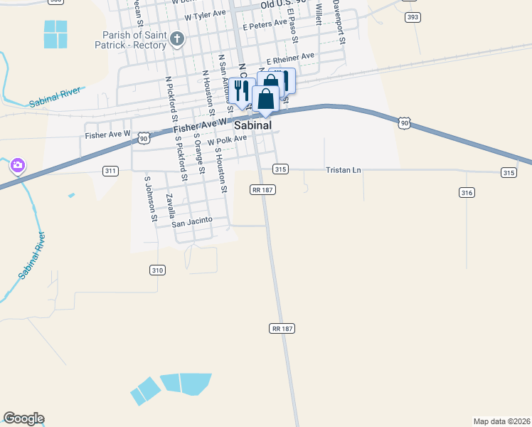 map of restaurants, bars, coffee shops, grocery stores, and more near Ranch to Market 187 in Sabinal