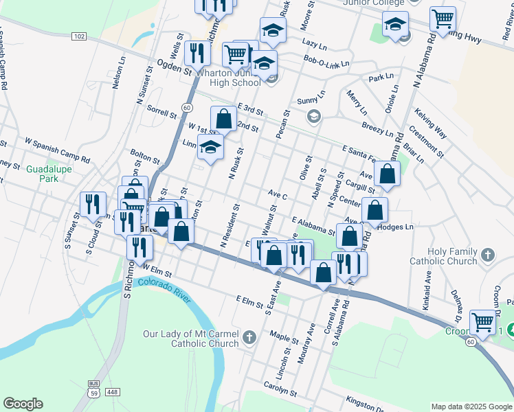 map of restaurants, bars, coffee shops, grocery stores, and more near 401 East Alabama Street in Wharton