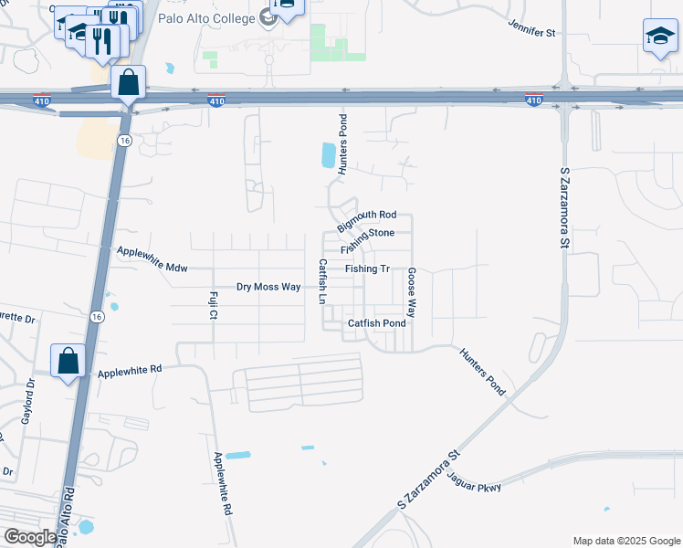 map of restaurants, bars, coffee shops, grocery stores, and more near 2218 Fishing Trail in San Antonio