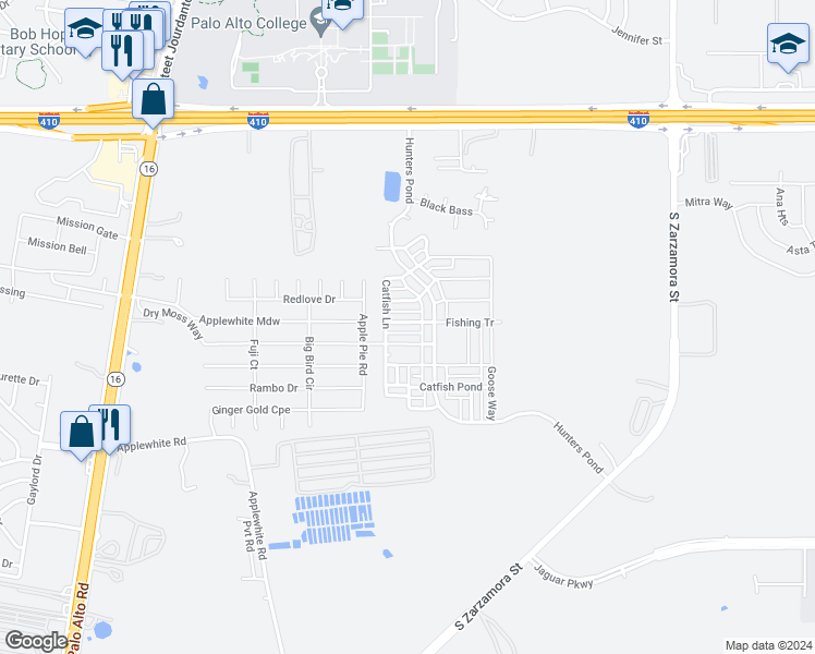 map of restaurants, bars, coffee shops, grocery stores, and more near 2230 Fishing Trail in San Antonio