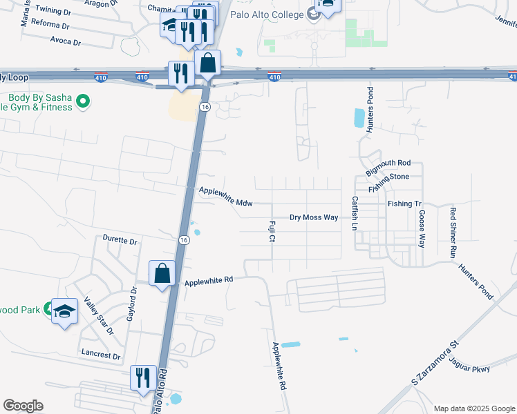 map of restaurants, bars, coffee shops, grocery stores, and more near 10530 State Highway 16 South in San Antonio