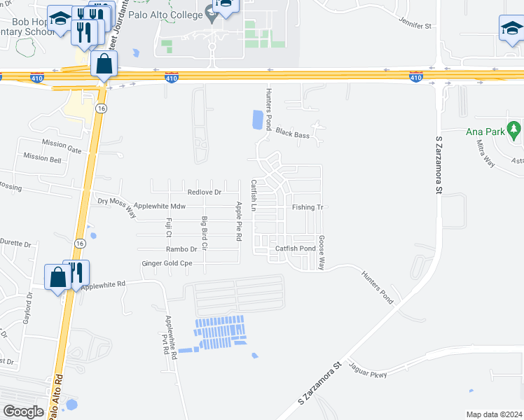 map of restaurants, bars, coffee shops, grocery stores, and more near 2238 Fishing Trail in San Antonio