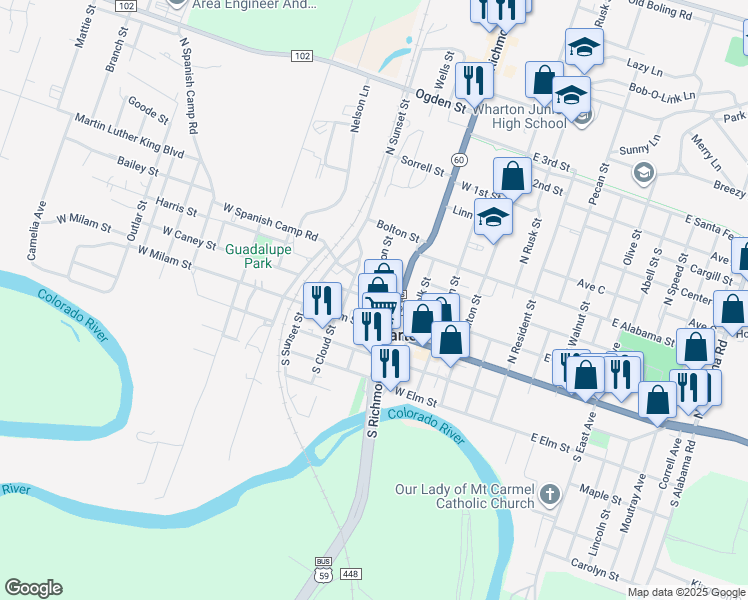 map of restaurants, bars, coffee shops, grocery stores, and more near 615 West Caney Street in Wharton