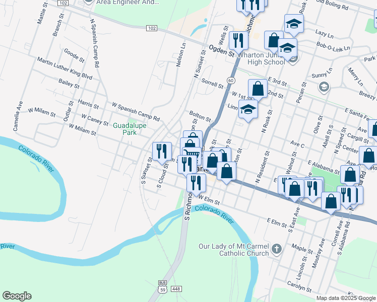 map of restaurants, bars, coffee shops, grocery stores, and more near 612 West Caney Street in Wharton