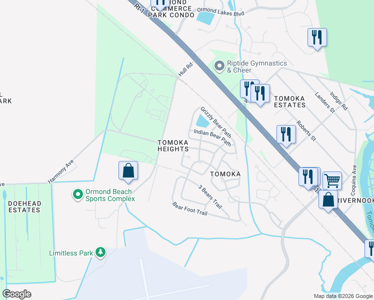 map of restaurants, bars, coffee shops, grocery stores, and more near 20 Koala Bear Path in Ormond Beach