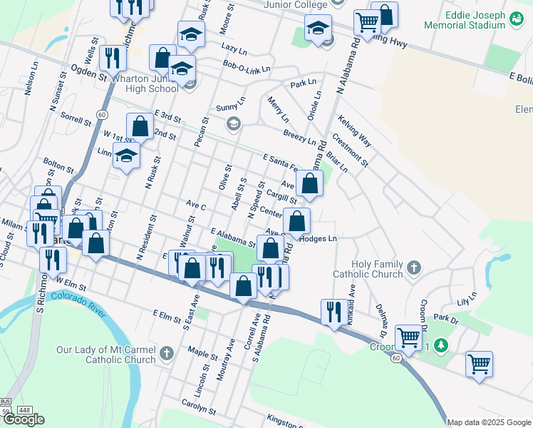 map of restaurants, bars, coffee shops, grocery stores, and more near 519 Koehl Street in Wharton
