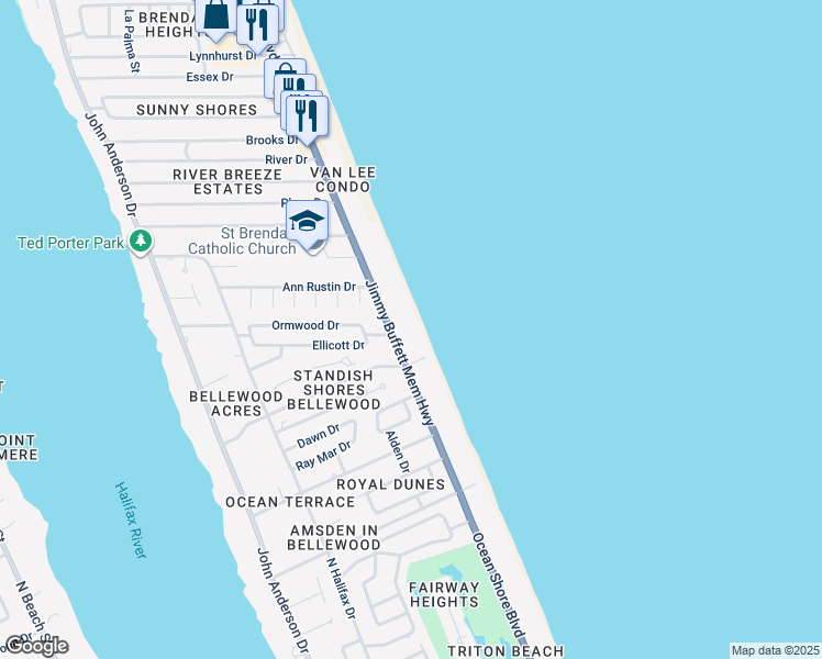 map of restaurants, bars, coffee shops, grocery stores, and more near 855 Ocean Shore Boulevard in Ormond Beach