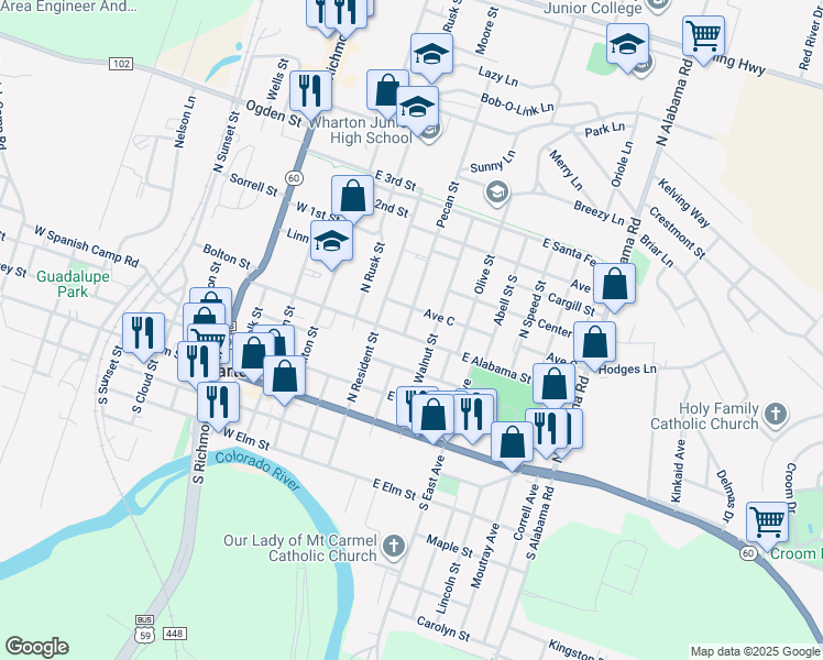 map of restaurants, bars, coffee shops, grocery stores, and more near 401 East Alabama Street in Wharton