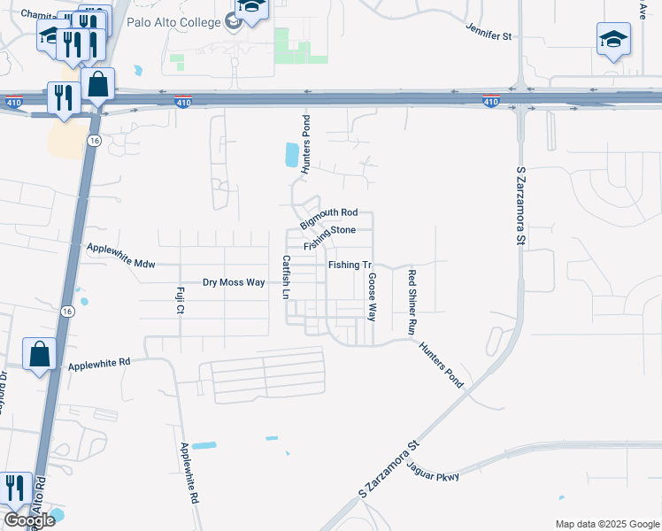 map of restaurants, bars, coffee shops, grocery stores, and more near 2218 Fishing Trail in San Antonio