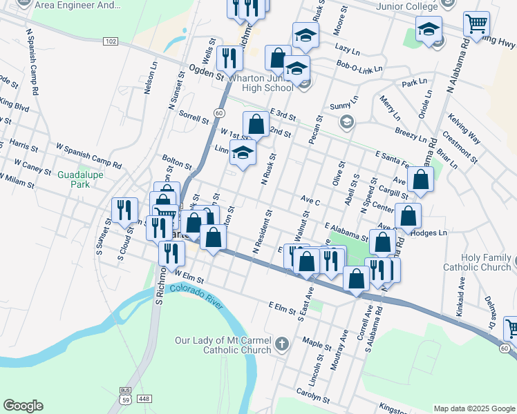 map of restaurants, bars, coffee shops, grocery stores, and more near 128 East Alabama Street in Wharton