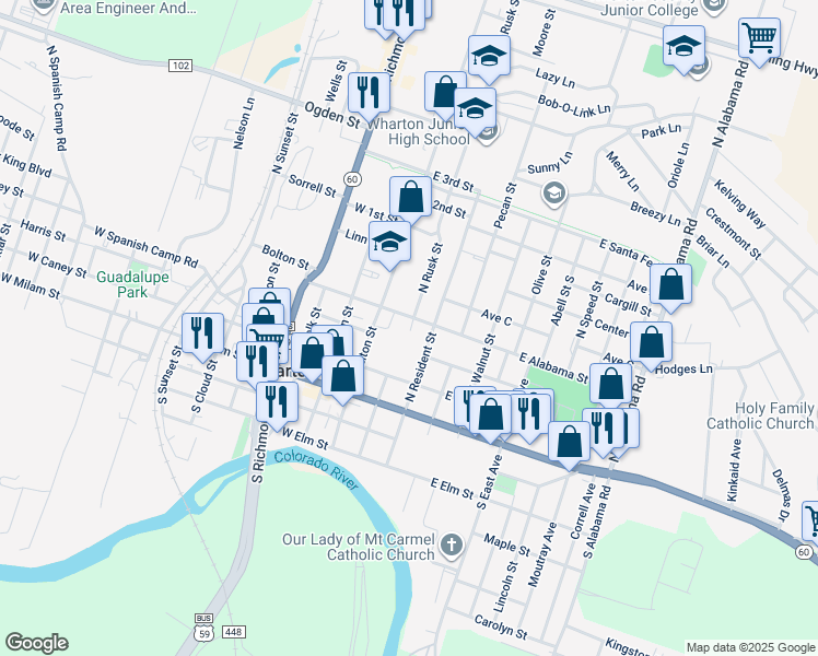 map of restaurants, bars, coffee shops, grocery stores, and more near 128 East Alabama Street in Wharton