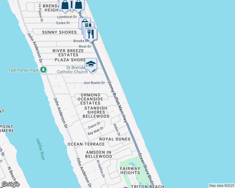 map of restaurants, bars, coffee shops, grocery stores, and more near 855 Ocean Shore Boulevard in Ormond Beach