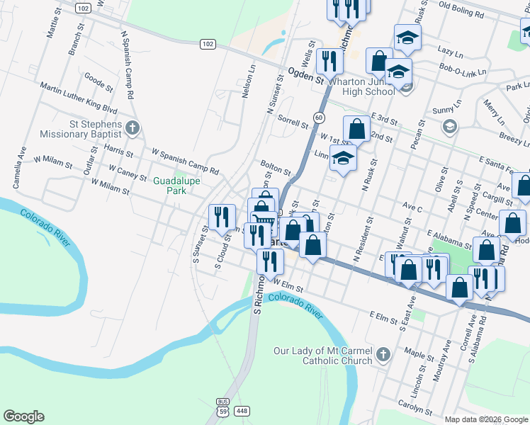map of restaurants, bars, coffee shops, grocery stores, and more near 414 West Caney Street in Wharton