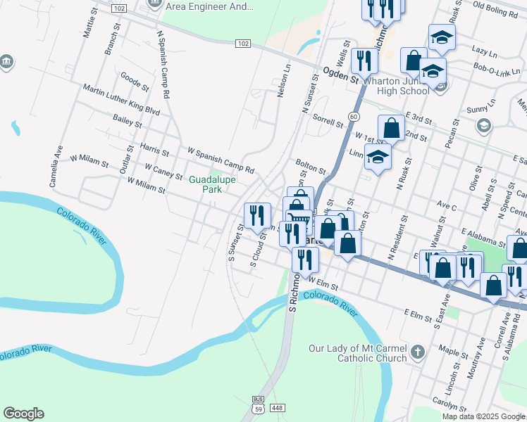 map of restaurants, bars, coffee shops, grocery stores, and more near 615 West Caney Street in Wharton