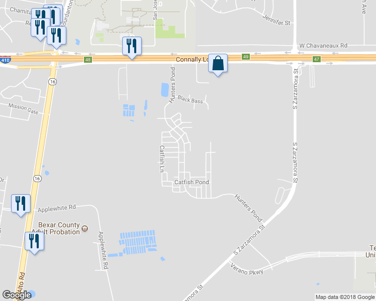 map of restaurants, bars, coffee shops, grocery stores, and more near 10250 Hunters Pond in San Antonio