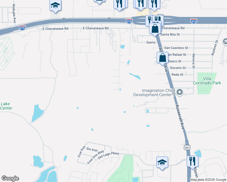 map of restaurants, bars, coffee shops, grocery stores, and more near 10539 Roosevelt Avenue in San Antonio
